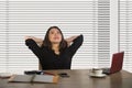 Successful Asian Korean business woman working confident at modern office computer desk in female businesswoman job smiling cheer Royalty Free Stock Photo