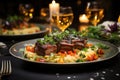 Successful banquet: steak, risotto, vegetables and wine in harmony., generative IA Royalty Free Stock Photo