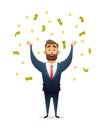 Successful beard businessman character celebrates success, standing under money rain banknotes and coins. Cash falling on happy bu