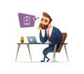 Successful beard businessman character feeling exhausted. Tired manager sitting at working place with computer in office. Business