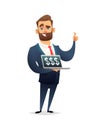 Successful beard businessman character holding laptop notebook and showing the thumb up. Dollar on the screen. Business