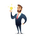 Successful beard businessman character holding light bulb. Big idea concept. Symbol of having business inspiration Royalty Free Stock Photo