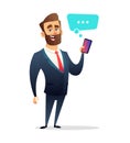 Successful beard businessman character Holding smart Phone. Call, Using Smart Cellphone. Business concept illustration Royalty Free Stock Photo