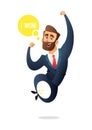 Successful beard businessman character jumps for joy. Manager celebrate wining. Business concept illustration