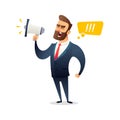 Successful beard businessman character shouting through loud speaker. Leadership speech. Business concept illustration.