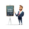 Successful beard businessman character showing business project report, year end summary concept. Business concept illustration