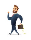 Successful beard businessman character walk with briefcase full of money. Business concept illustration