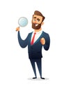 Successful bearded businessman character holds a magnifying glass and points a finger at you. Business searching concept illustrat Royalty Free Stock Photo