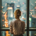 Successful blond businesswoman looking out of big window at city view. Business woman standing alone looking at modern