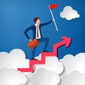 successful businessman with a briefcase and a flag on the top of growing up Arrow above white paper clouds Royalty Free Stock Photo