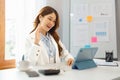 Successful business concept, Businesswoman doing greeting gesture with colleague on video call