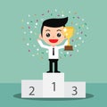 Successful Business Ideas. The male winner stands in the first place on the podium