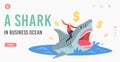 Successful Business Man Shark Landing Page Template. Brave Businessman Riding Huge Dangerous Shark in Ocean