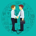 Successful business partners shaking hands with business doodles background.