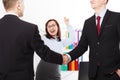 Successful business partnership concept with businessmans handshake. Happy businesswoman at office background. Team work Royalty Free Stock Photo