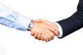 Successful business people shaking hands on a white background