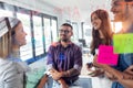 Successful business team discussing together in front of office glass board in the coworking space Royalty Free Stock Photo