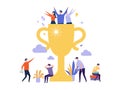 Successful business team. Winner cup and tiny people. Happy winning and angry losing teams vector illustration Royalty Free Stock Photo