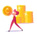 Successful Business Woman Carry Gold Coin, Character with Money Cash. Rich Businesswoman Making Saving