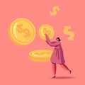 Successful Business Woman Carry Huge Gold Coin, Character with Money Cash. Rich Businesswoman Make Saving