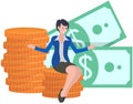 Successful business woman sitting on gold coin. Character with money cash, investor or entrepreneur Royalty Free Stock Photo