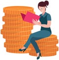 Successful business woman sitting on gold coins. Character with money cash, investor or entrepreneur Royalty Free Stock Photo