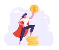 Successful Business Woman in Super Hero Cloak Hold Golden Dollar, Stand on Stack of Gold Coins, Rich Businesswoman