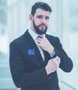 Successful businessman adjusting his necktie while standing near a window in bright office. Royalty Free Stock Photo