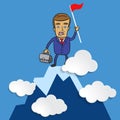 successful businessman with a briefcase and a flag on the top of the mountain symbolizing peak of world business Royalty Free Stock Photo