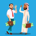 Successful Businessman With Briefcase Full Of Money In Hands, Arab, European Vector. Isolated Illustration