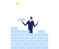 Successful Businessman Building Brick Wall Trying to Reach the Star, Path to Success, Leadership Vector Illustration