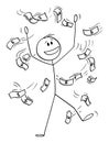 Successful Businessman Celebrating Success With Money Falling Or Raining , Vector Cartoon Stick Figure Illustration