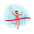 Successful businessman celebrating victory. Jumping man crossing the finishing line. Royalty Free Stock Photo