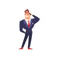 Successful businessman character in blue suit talking on mobile phone cartoon vector Illustration on a white background Royalty Free Stock Photo