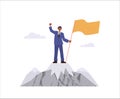 Successful businessman character standing on mountain top with flag, goal achievement concept Royalty Free Stock Photo
