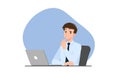 Successful businessman character thinking. Thinking business people during work with personal computer laptop. Working concept Royalty Free Stock Photo
