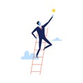 Successful Businessman Climbing Career Ladder Trying to Grab the Star, Path to Success, Leadership Vector Illustration