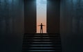 Successful businessman climbing up the stairs to big door. Ladder of success. Open door for the new business opportunity