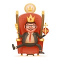 Successful businessman cute cheerful king crown ruler on throne crown on head power and scepter in hands cartoon