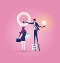 Successful businessman give another businesswoman new idea bulb