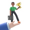 Successful businessman on hand holding trophy and briefcase, celebrates his victory. Business success Royalty Free Stock Photo