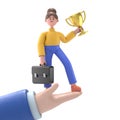 Successful businessman on hand holding trophy and briefcase, celebrates his victory. Royalty Free Stock Photo