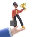 Successful businessman on hand holding trophy and briefcase, celebrates his victory. Business success, Royalty Free Stock Photo
