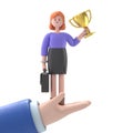 Successful businessman on hand holding trophy and briefcase, celebrates his victory. Royalty Free Stock Photo