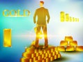 Successful Businessman isolated on top of gold pile, sky light background. Business, success, leadership, achievement.