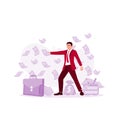 A successful businessman with a lot of money. Profit and income concept. Vector illustration of a man making a lot of money. Royalty Free Stock Photo