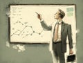 A successful businessman pointing at a blackboard covered in a flowchart and diagram. Business concept. AI generation Royalty Free Stock Photo