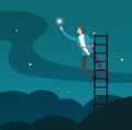 Successful businessman reaching star. Man climbing to stars. Business and career success vector concept