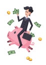 Successful businessman riding a piggy bank. Successful investments, charity, financial success concept illustration.