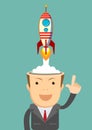 Successful businessman with rocket ship launching from his head.